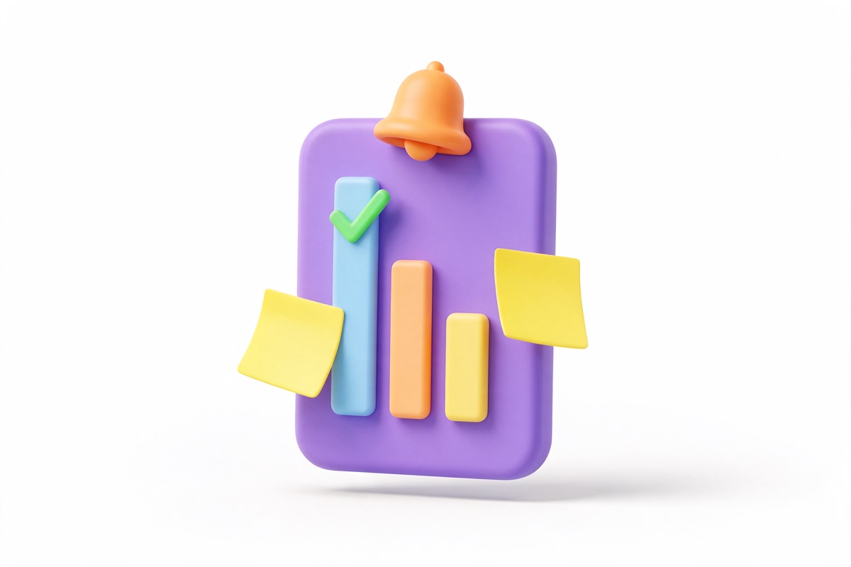 Purple clipboard with ticked bars, orange bell and yellow sticky notes