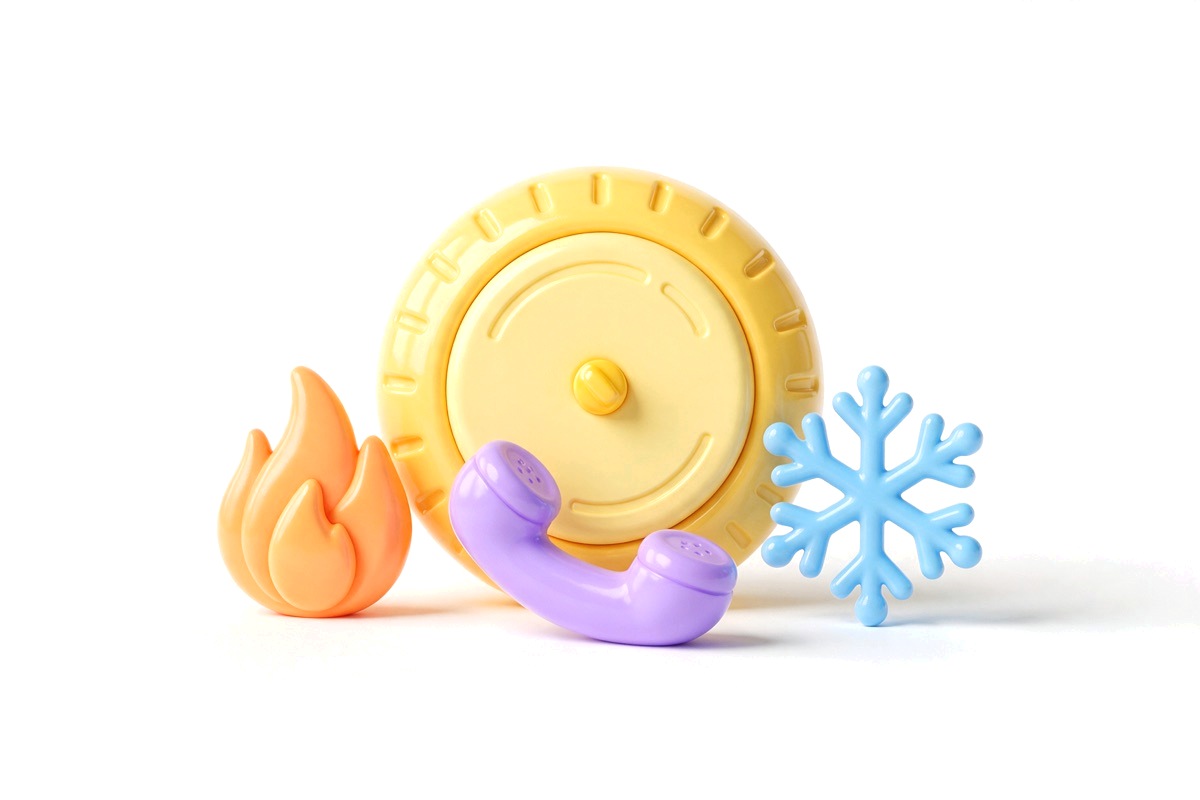Yellow thermostat dial between orange flame and blue snowflake with handset