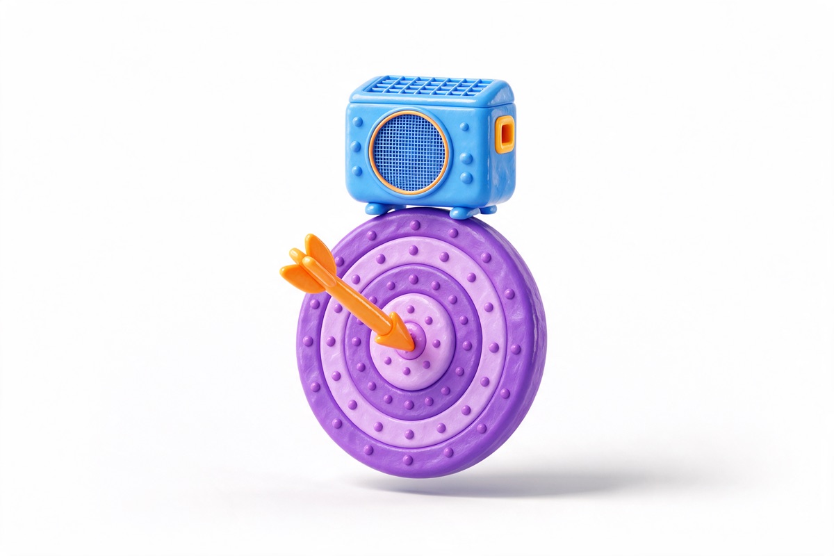 Purple target with orange arrow and a small blue heat pump box on top