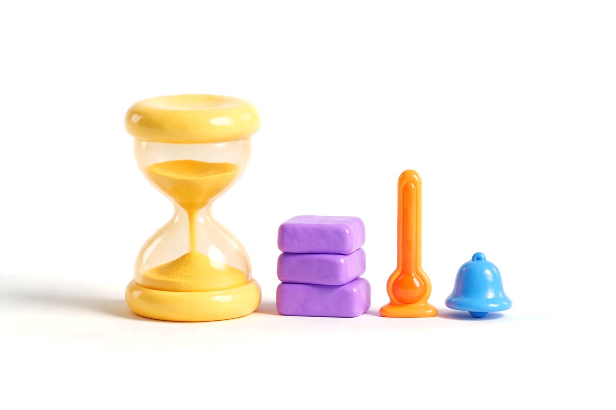 Yellow hourglass, stacked purple blocks, orange thermometer and blue bell