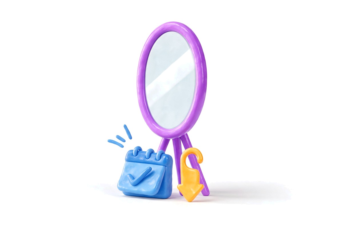 Purple salon mirror, blue calendar with a tick and an orange door hanger