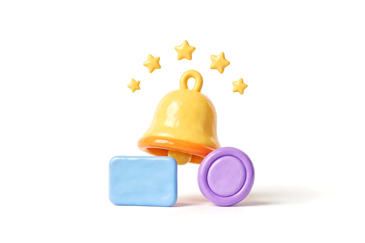 Yellow bell with floating stars, a blue appointment card and a purple hairbrush