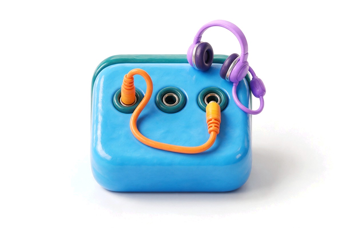 Blue switchboard with an orange patch cable between sockets and a purple headset