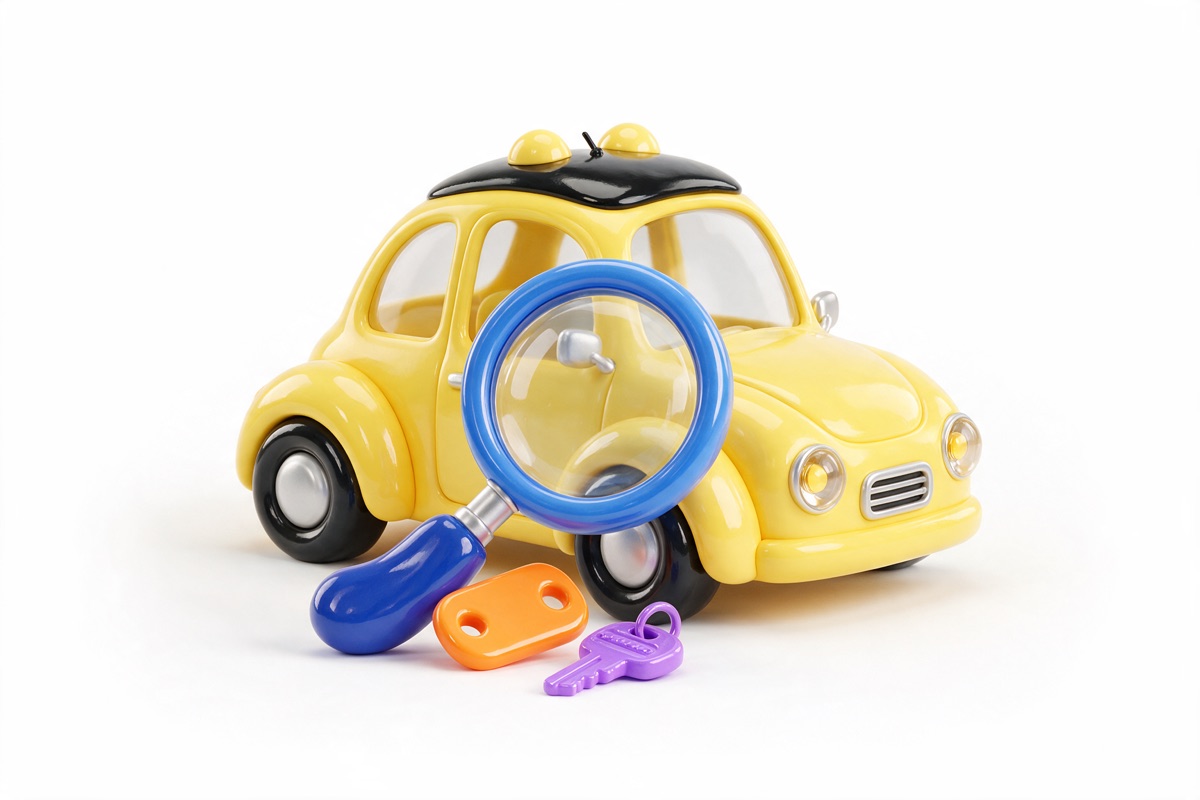 Yellow car inspected by a blue magnifier with orange tag and purple key