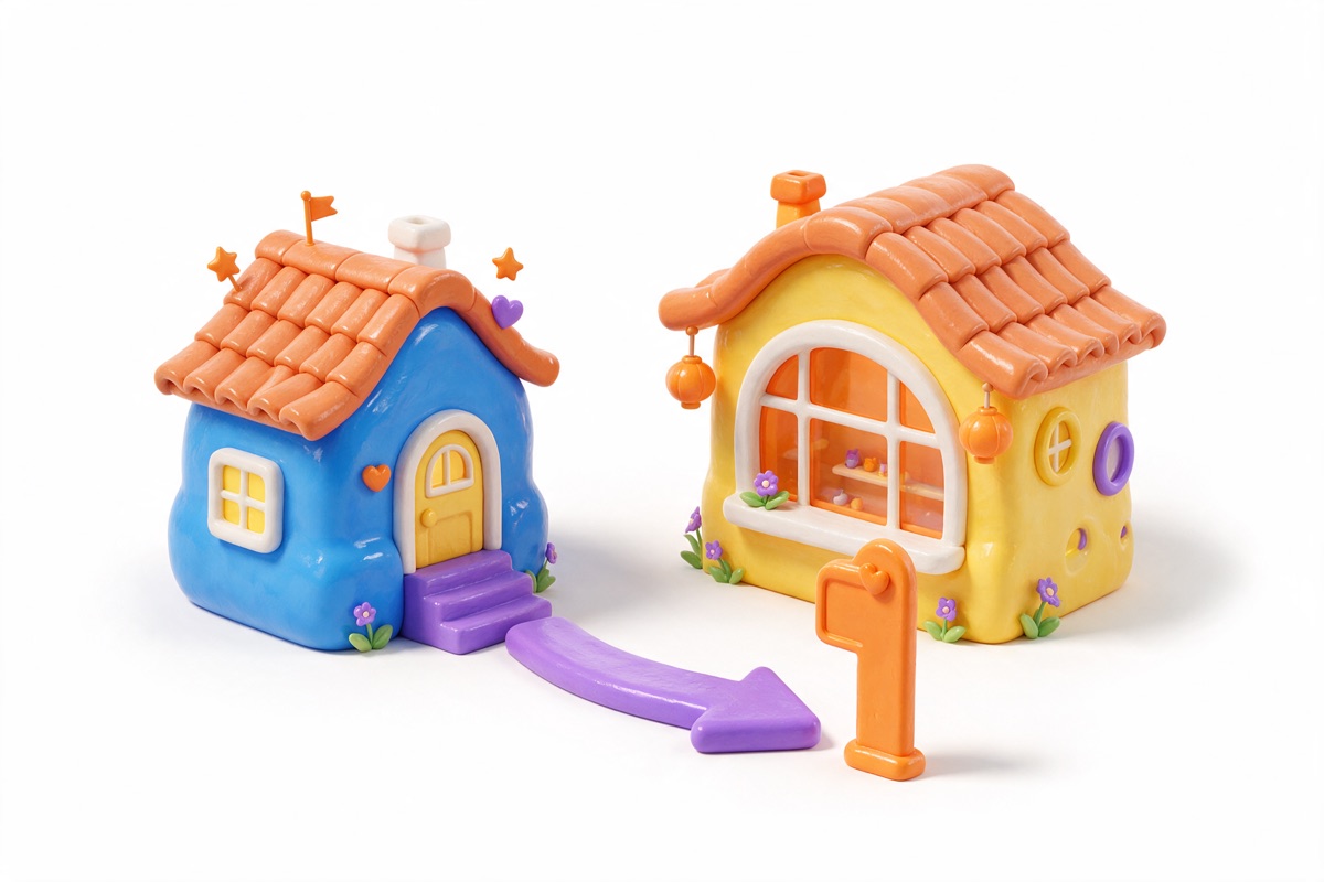 Blue home and yellow shop with a purple arrow path leading only to the home