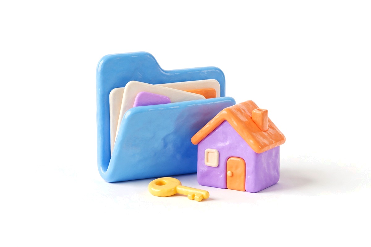 Small purple house model, an open blue document folder and a yellow key