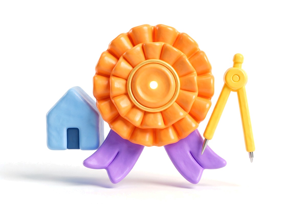 Orange award rosette beside a small blue house and a yellow drafting compass