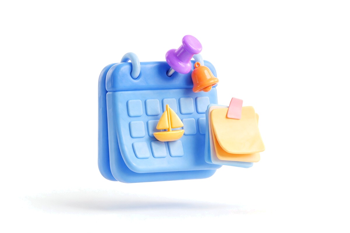Blue calendar with a tiny sailboat, purple pin, orange bell and sticky notes