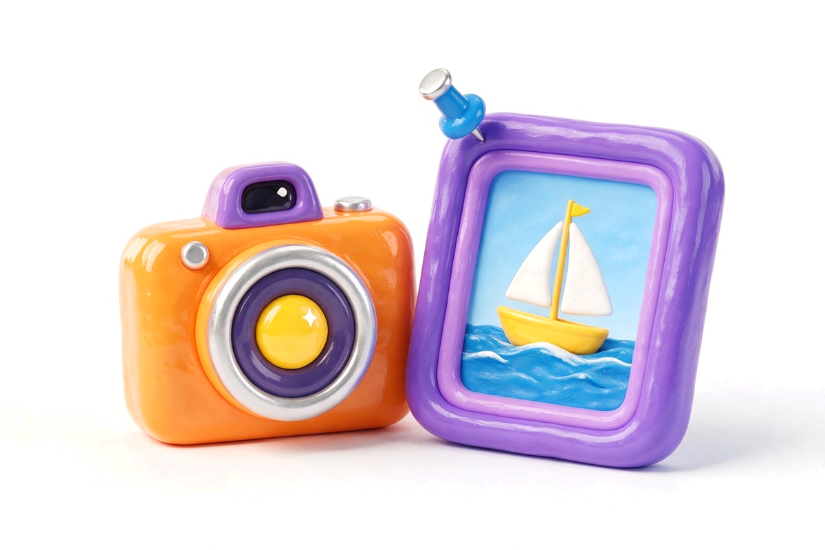 Orange camera next to a framed picture of a yellow sailboat