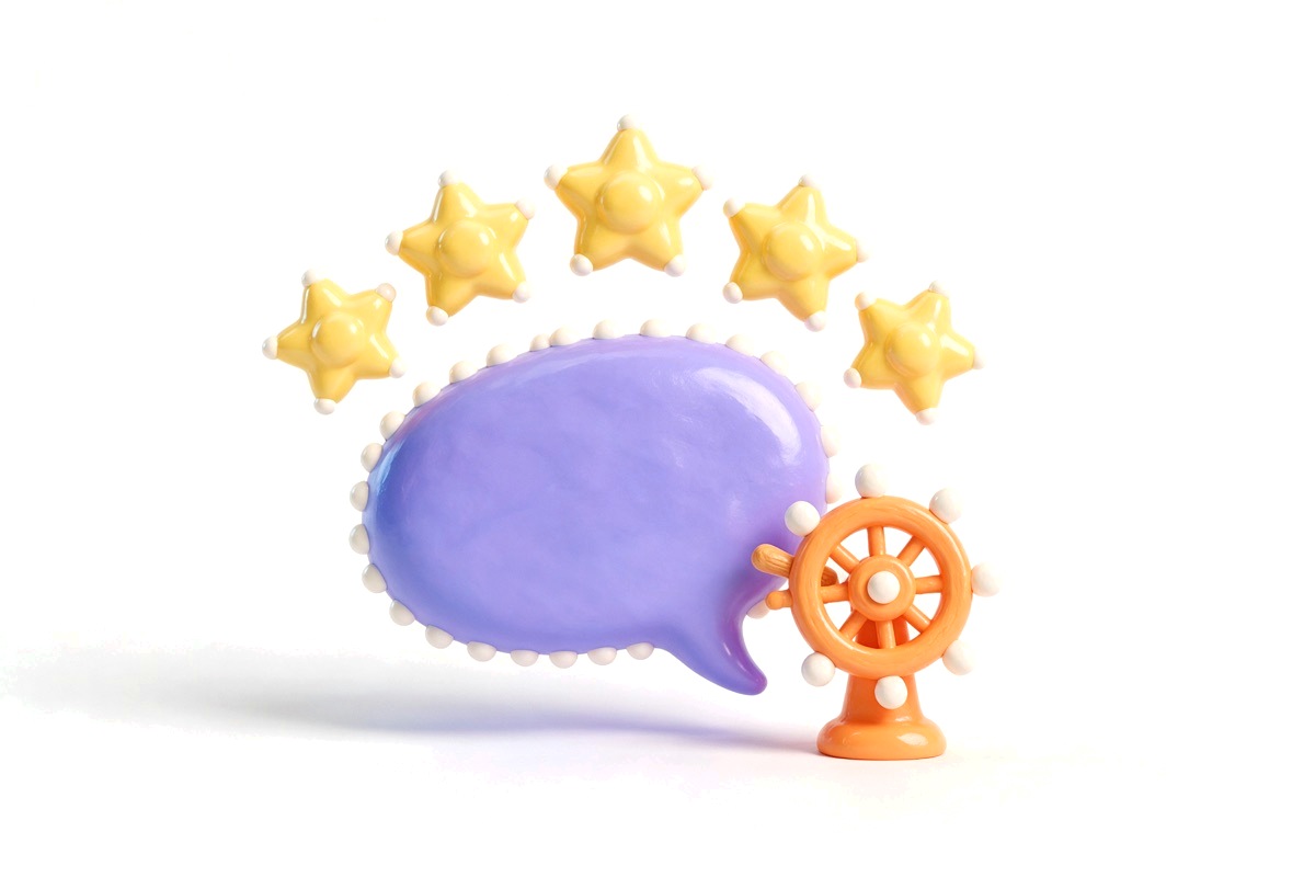 Five yellow stars above a purple speech bubble and orange ship's wheel