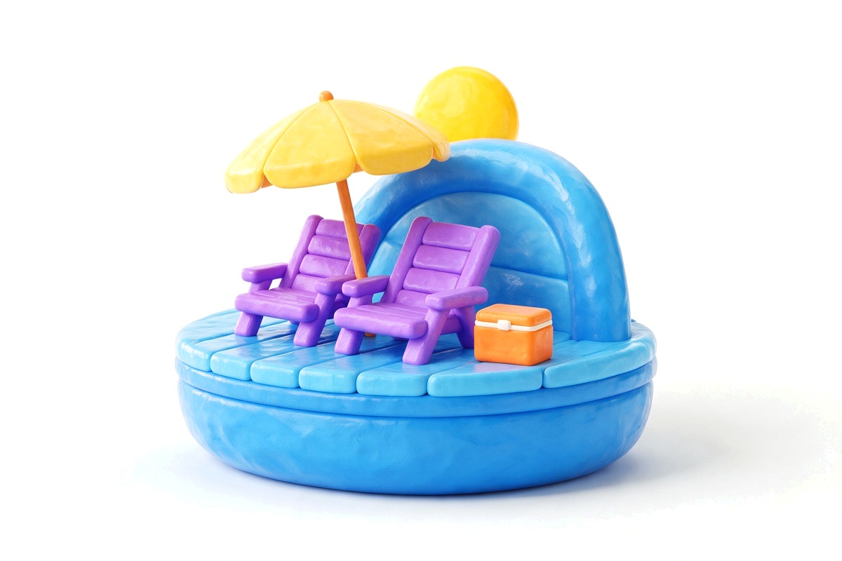 Boat deck with purple deck chairs, yellow parasol, orange cooler and sun