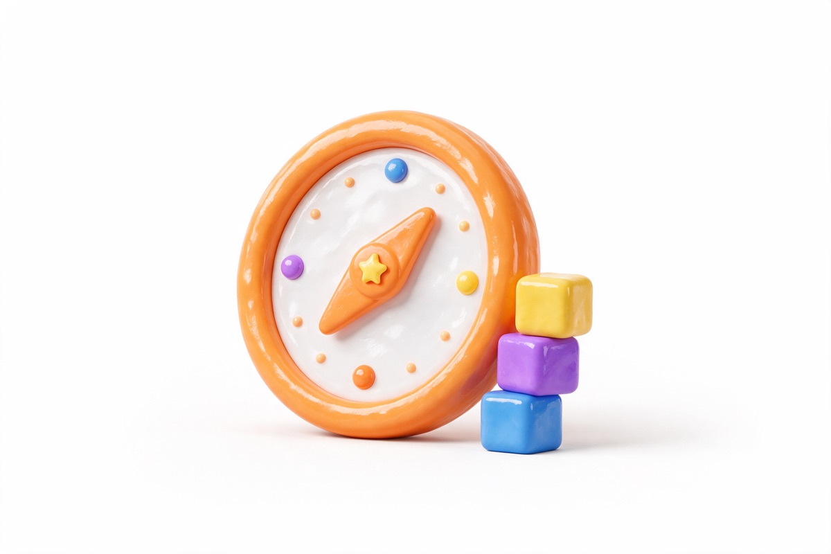 Orange compass standing beside three small stacked building blocks