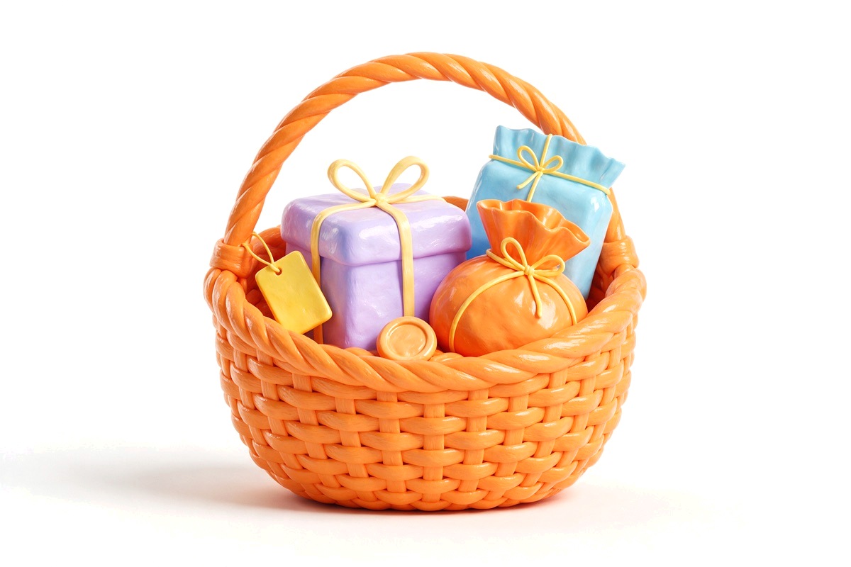 Large basket holding different small parcels, a price tag and a coin