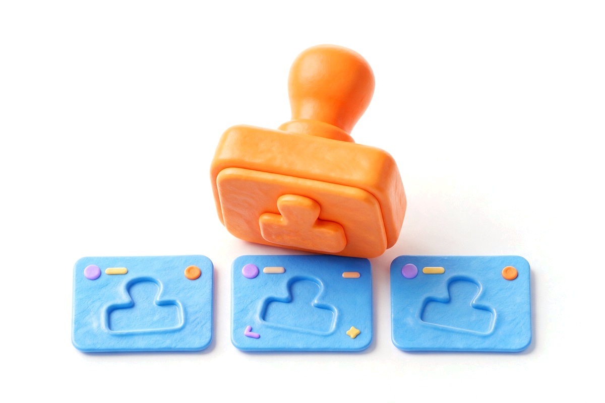 Rubber stamp marking the same product shape onto three identical cards