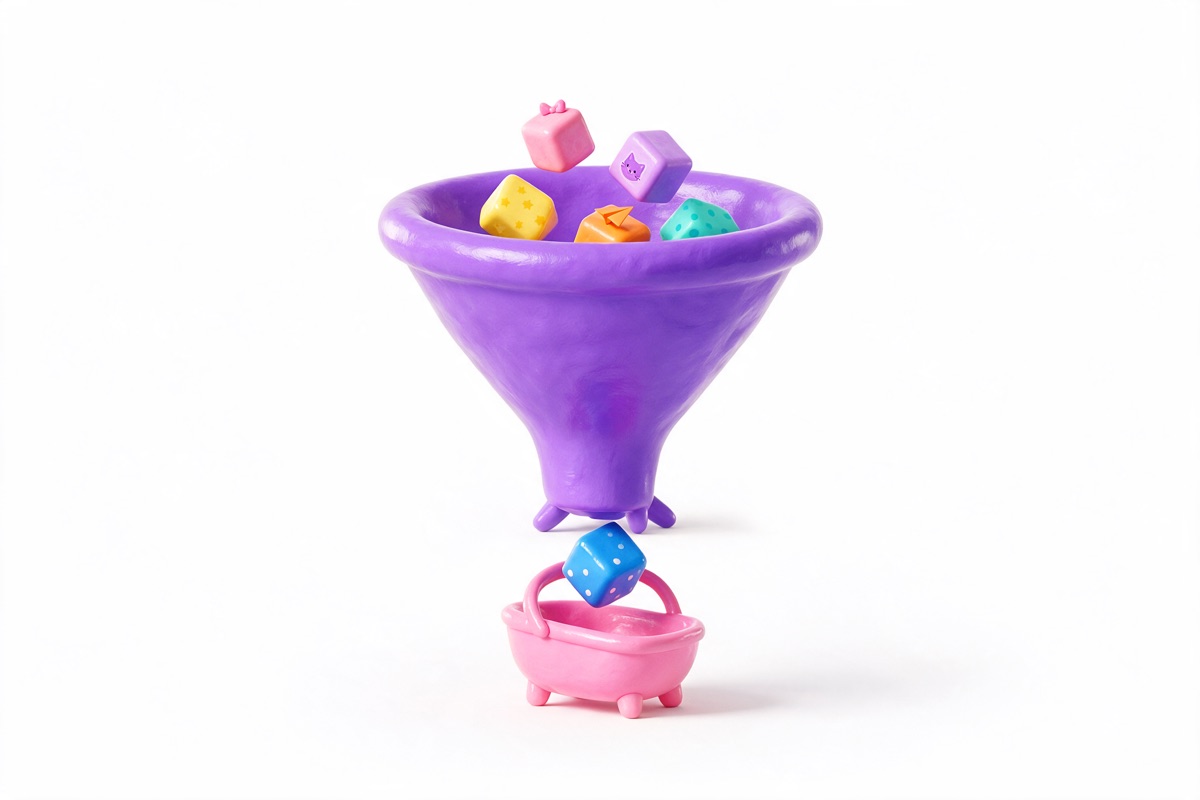 Purple funnel narrowing product cubes down into a small basket