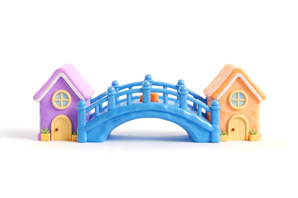 Two small storefronts joined by a bridge with a parcel crossing it