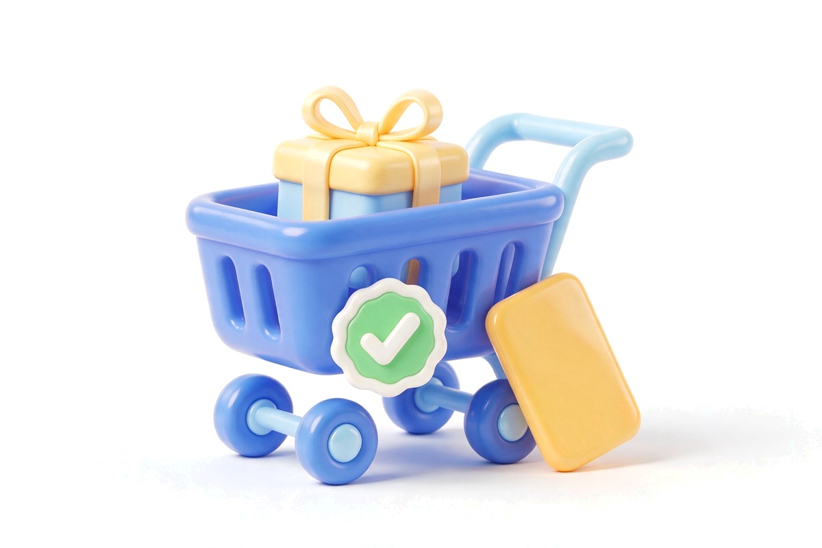Shopping cart with a gift box, green tick badge and payment card