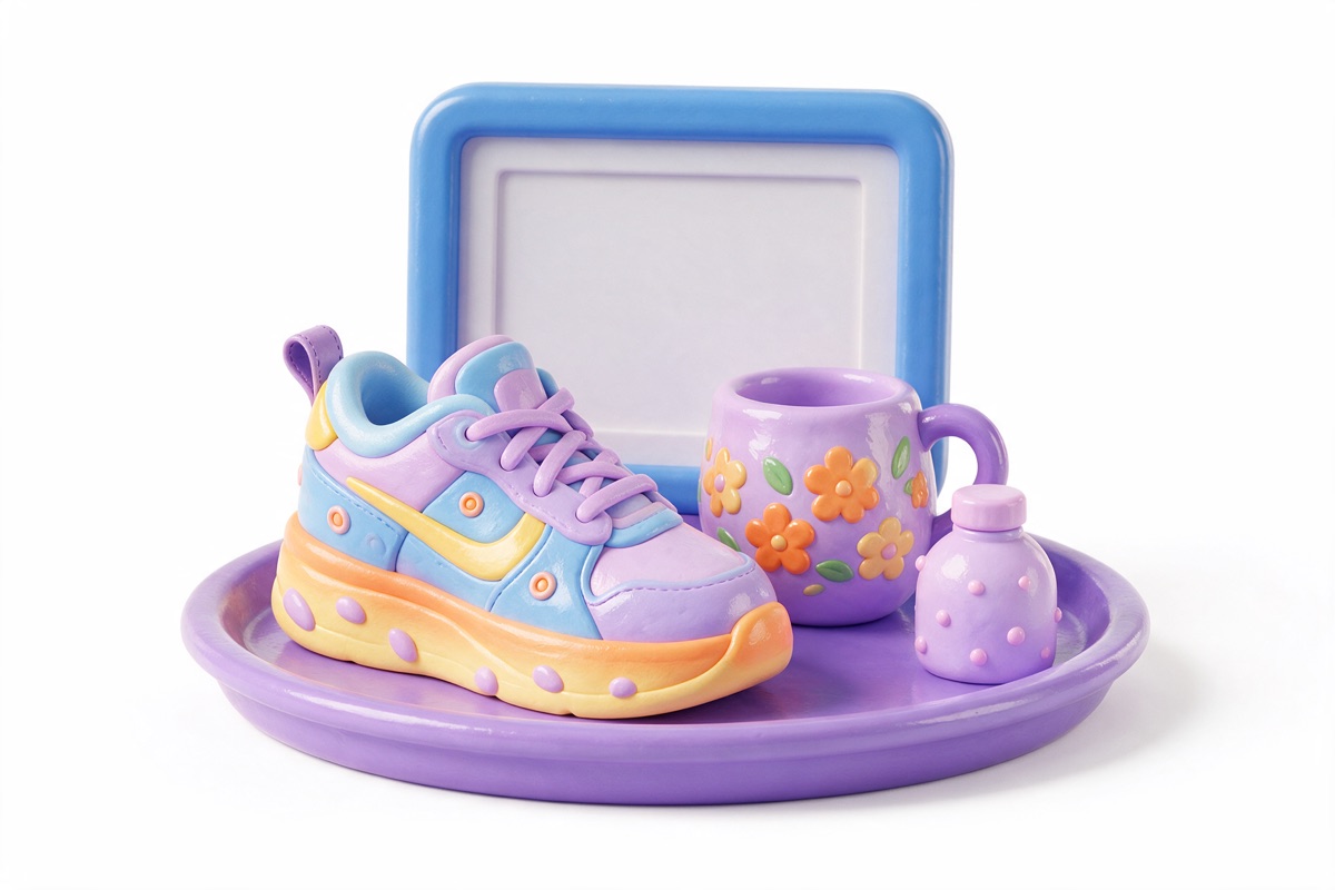 Sneaker, mug and bottle on a tray with an empty frame behind them