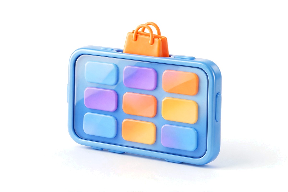 Smartphone with abstract card blocks and a shopping bag popping out
