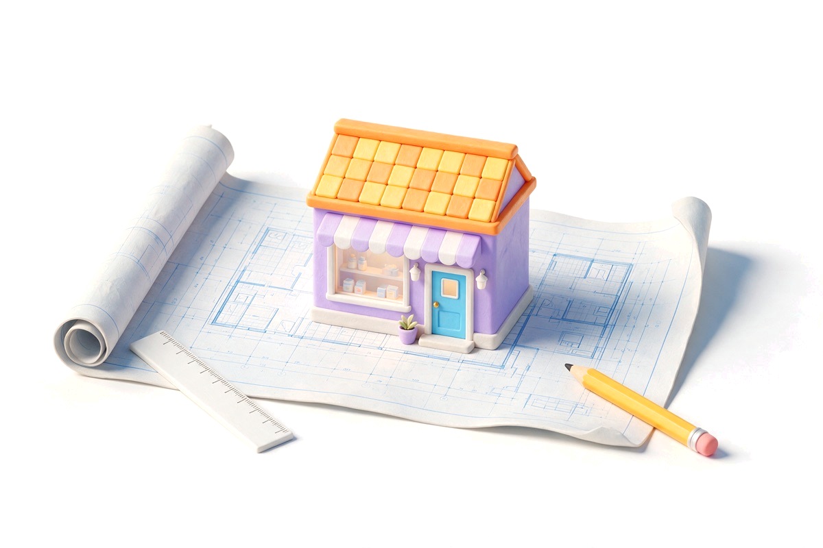 Rolled blueprint with a small storefront block, a ruler and a pencil