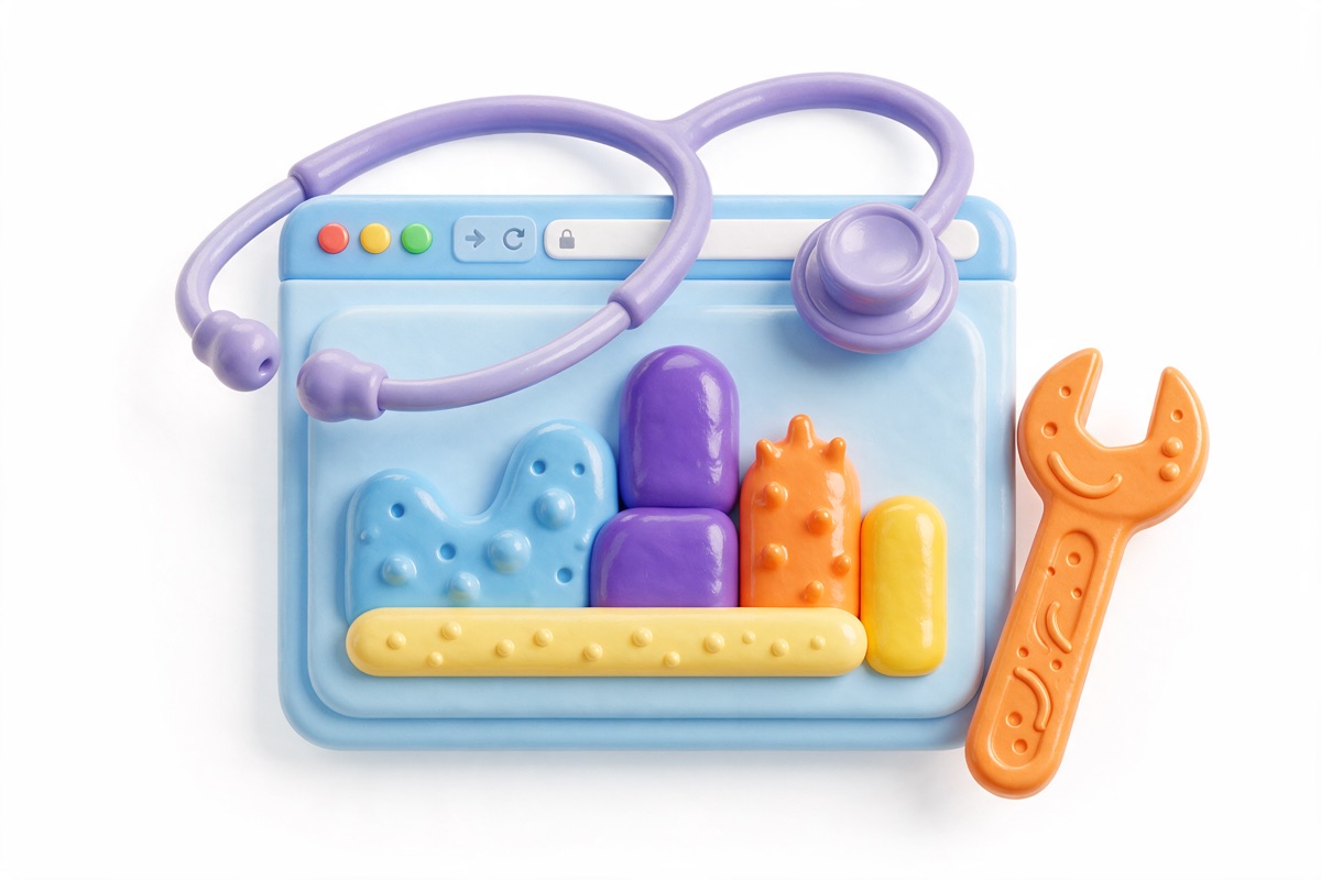 Stethoscope resting on a browser window with a wrench beside it
