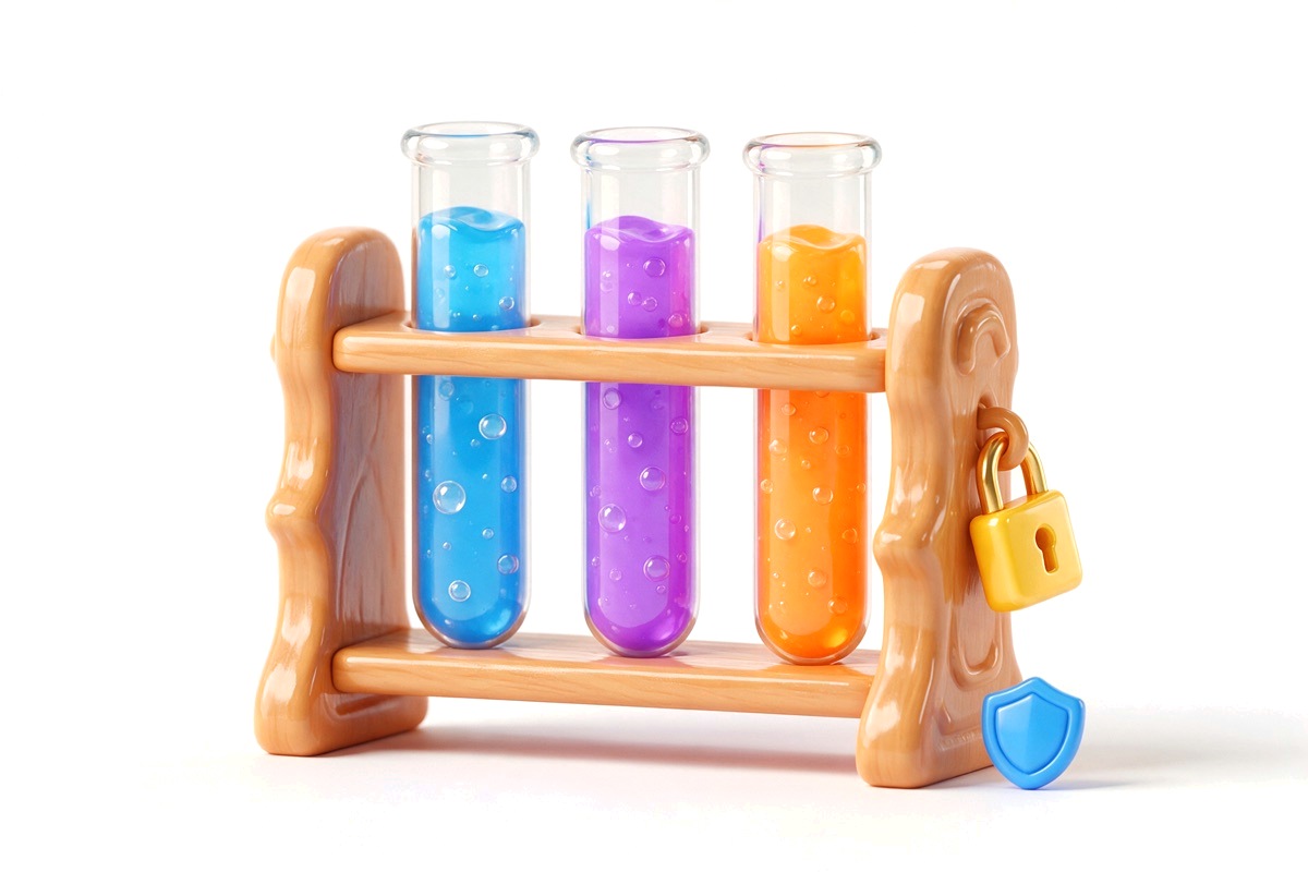 Rack of three test tubes with coloured liquids, a padlock and a small shield