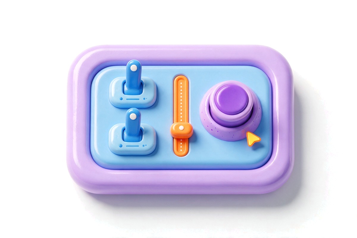 Control panel with toggle switches, a slider and a big push button