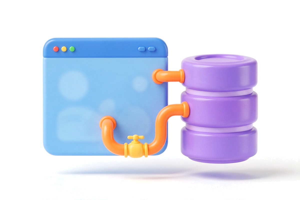 Browser window joined by pipes to a stack of database cylinders