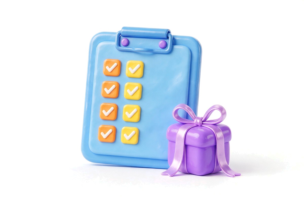 Clipboard with tick boxes beside a ribboned gift box