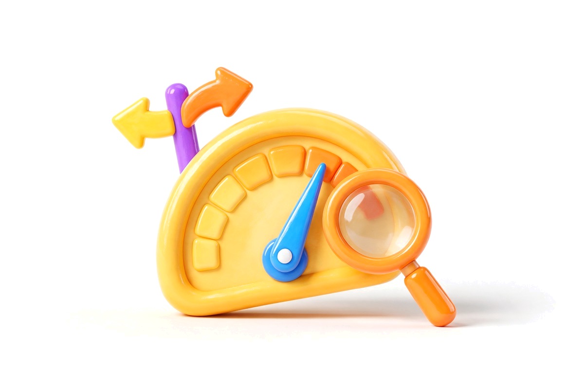 Speedometer dial with a magnifying glass and a small signpost