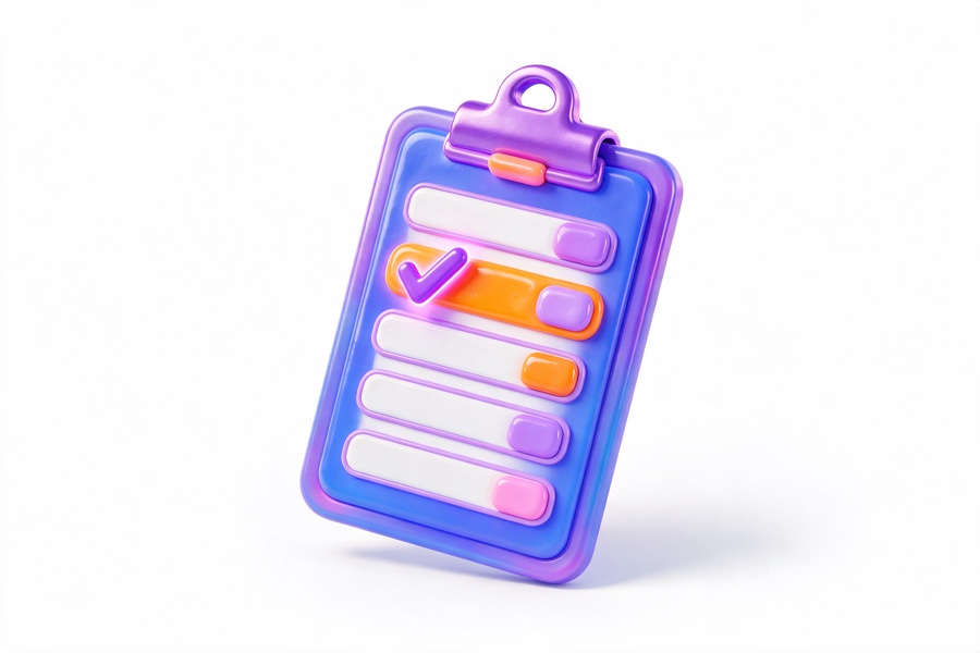 Glossy 3D clipboard with a list of options and one of them ticked