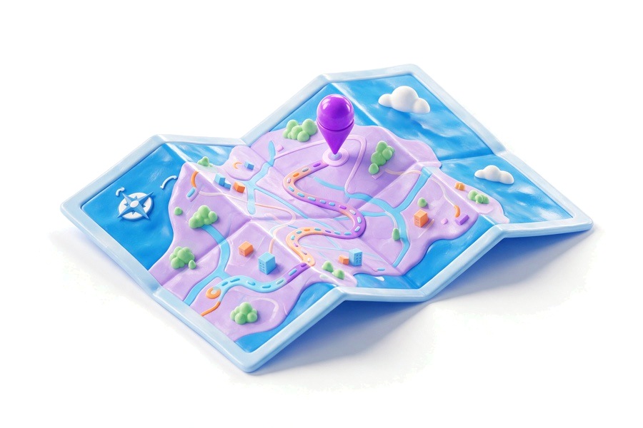 Glossy 3D folded map with a purple pin and a winding route