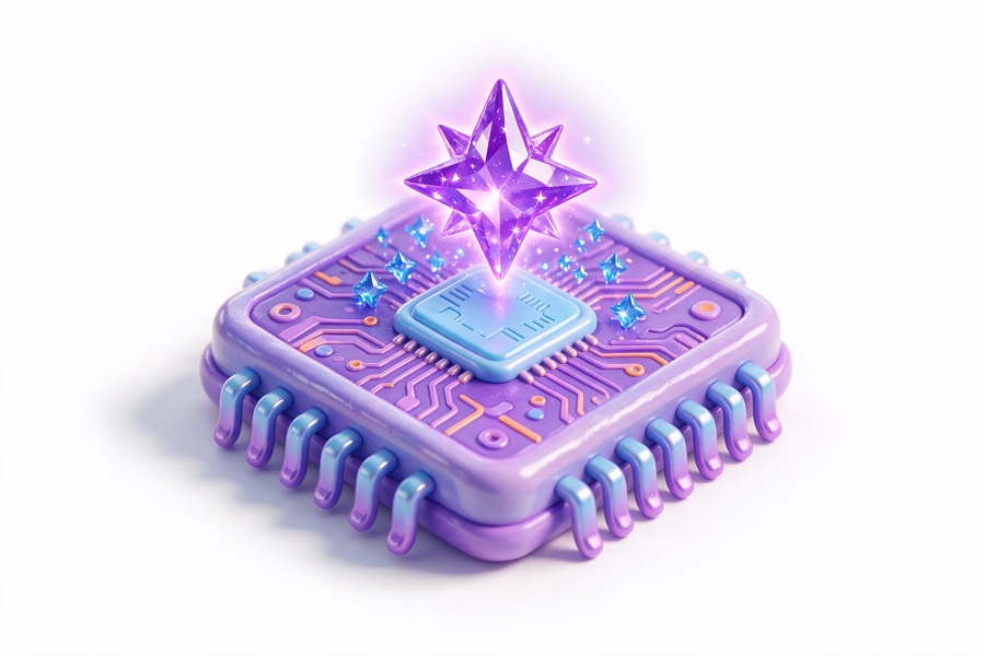 3D microchip with a glowing purple star