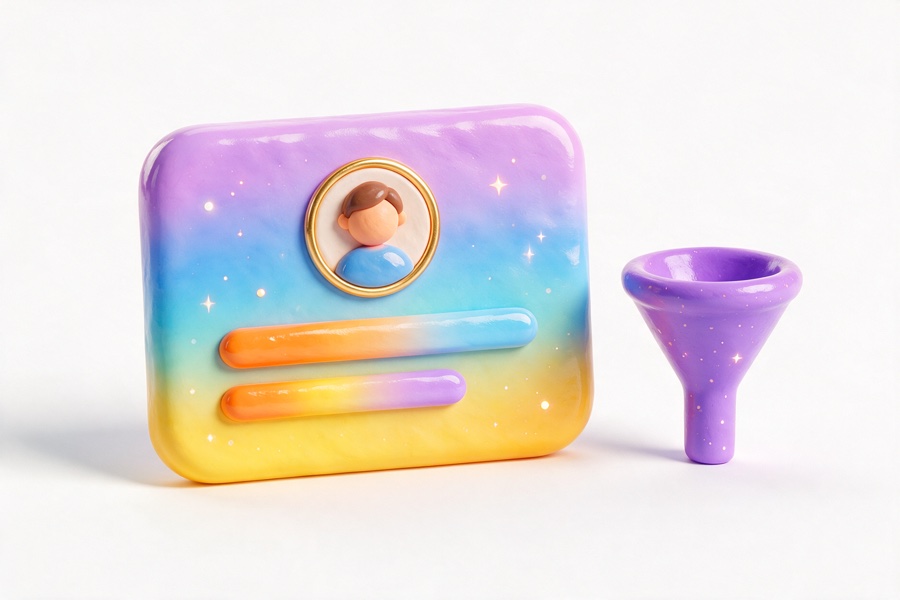 3D contact card next to a funnel