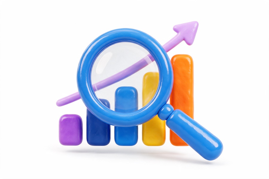 3D magnifying glass in front of a rising bar chart
