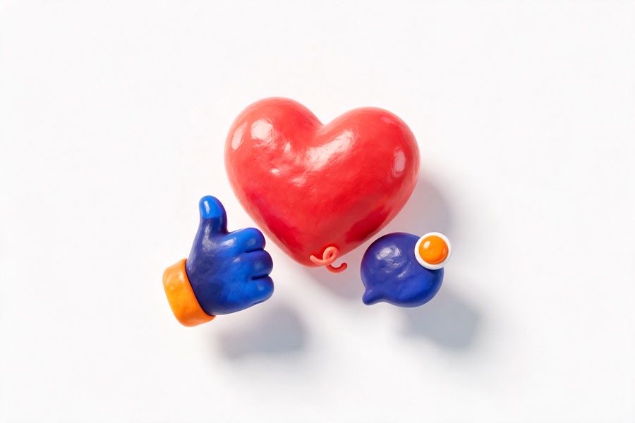 3D heart, thumbs-up and notification bubble