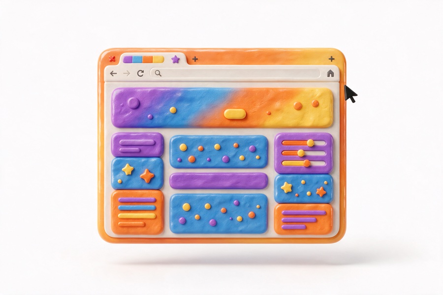 3D browser window with a colourful website layout