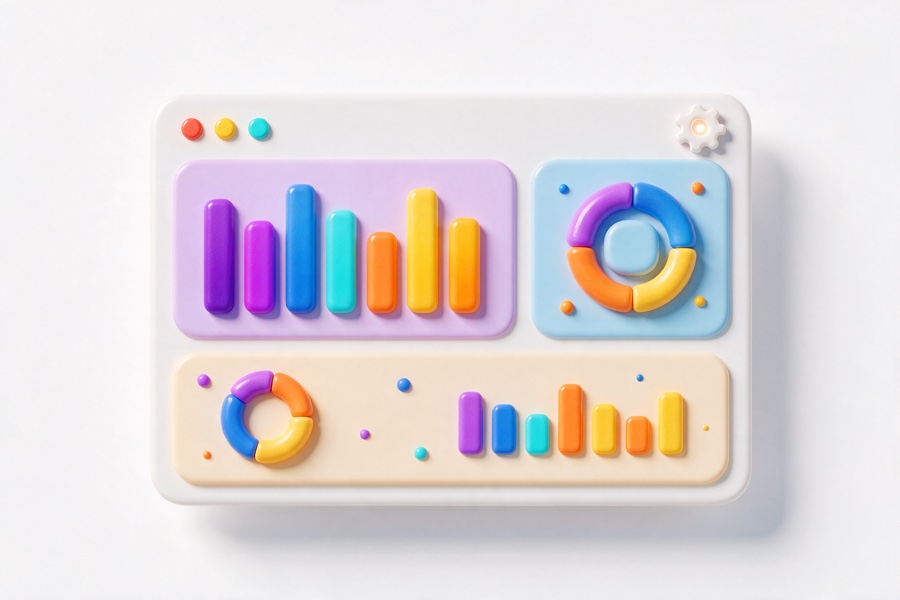 3D dashboard window with charts and a gear