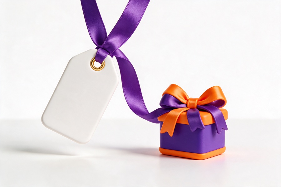 3D blank tag with a ribbon beside a gift box